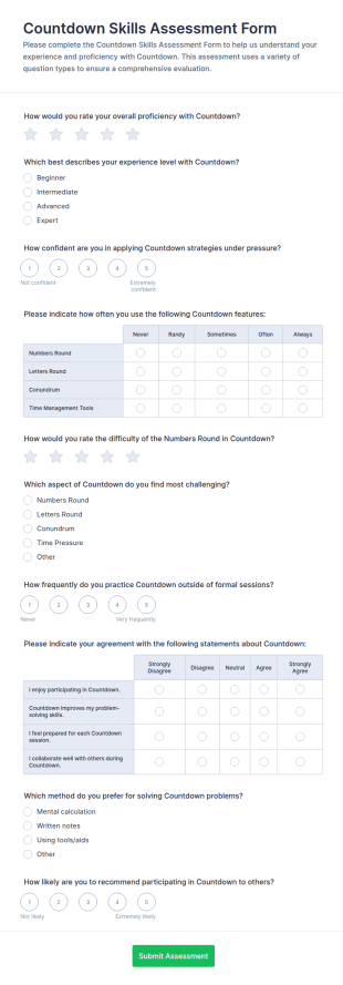 Countdown Skills Assessment Questionnaire Form Template