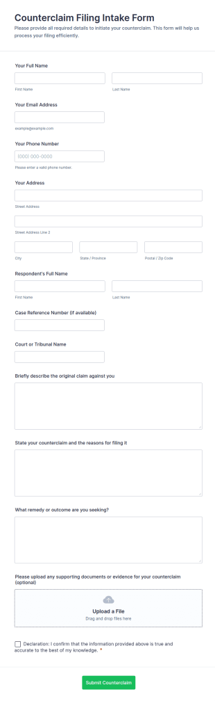 Counterclaim Filing Intake Form Template