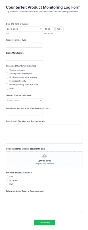 Counterfeit Product Monitoring Log Form Template