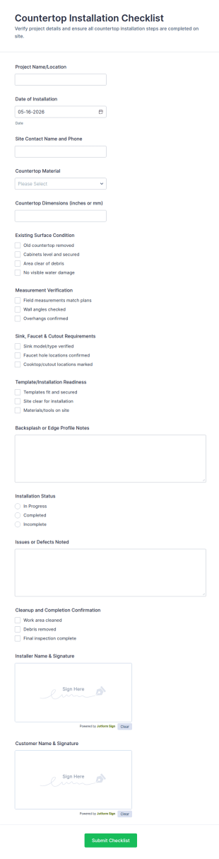 Countertop Installation Checklist Form Template