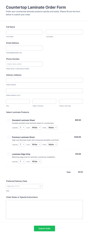 Countertop Laminate Order Form Template
