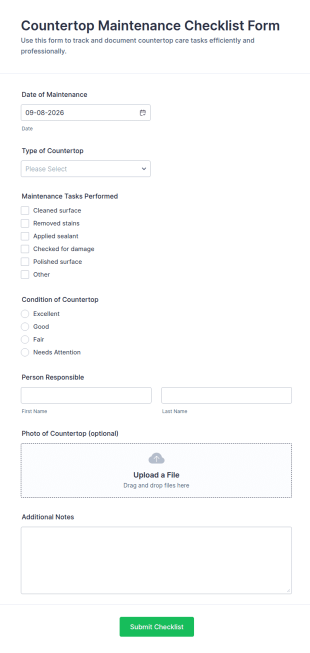 Countertop Maintenance Checklist Form Template
