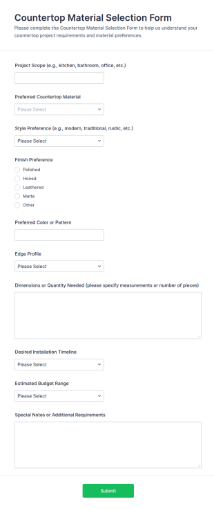 Countertop Material Selection Form Template
