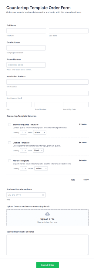 Countertop Template Order Form