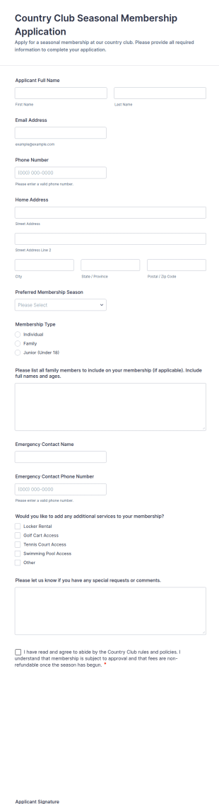 Country Club Seasonal Membership Application Form Template