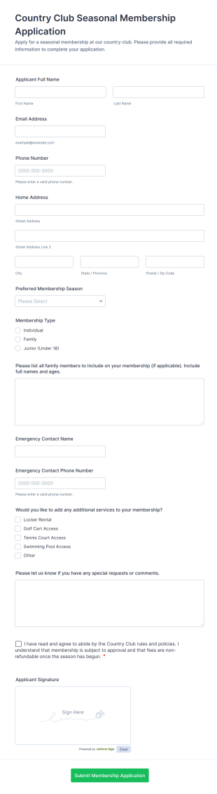 Country Club Seasonal Membership Application Form Template