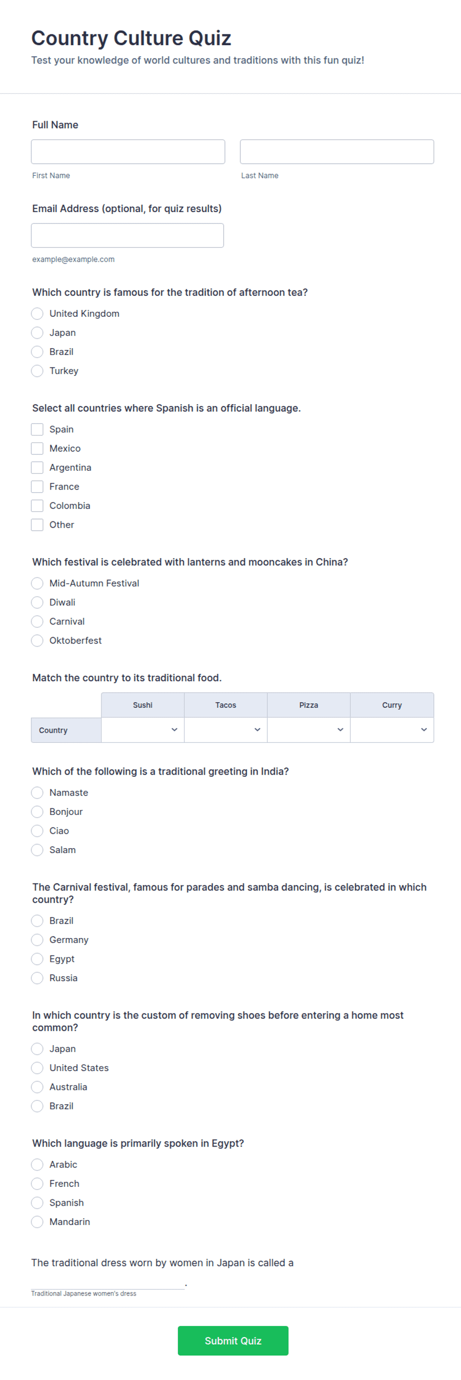 Country Culture Quiz Form Template | Jotform