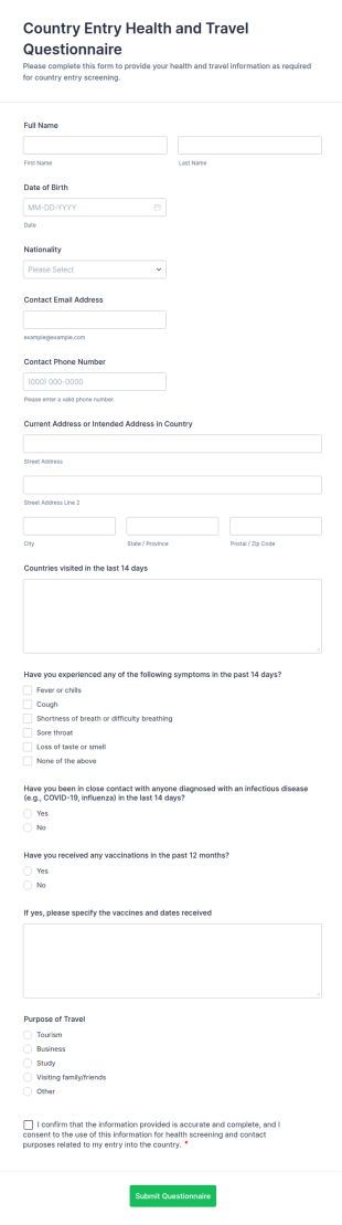 Country Entry Health And Travel Questionnaire Form Template