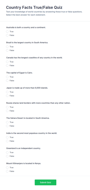 Country Facts True/False Quiz Form Template