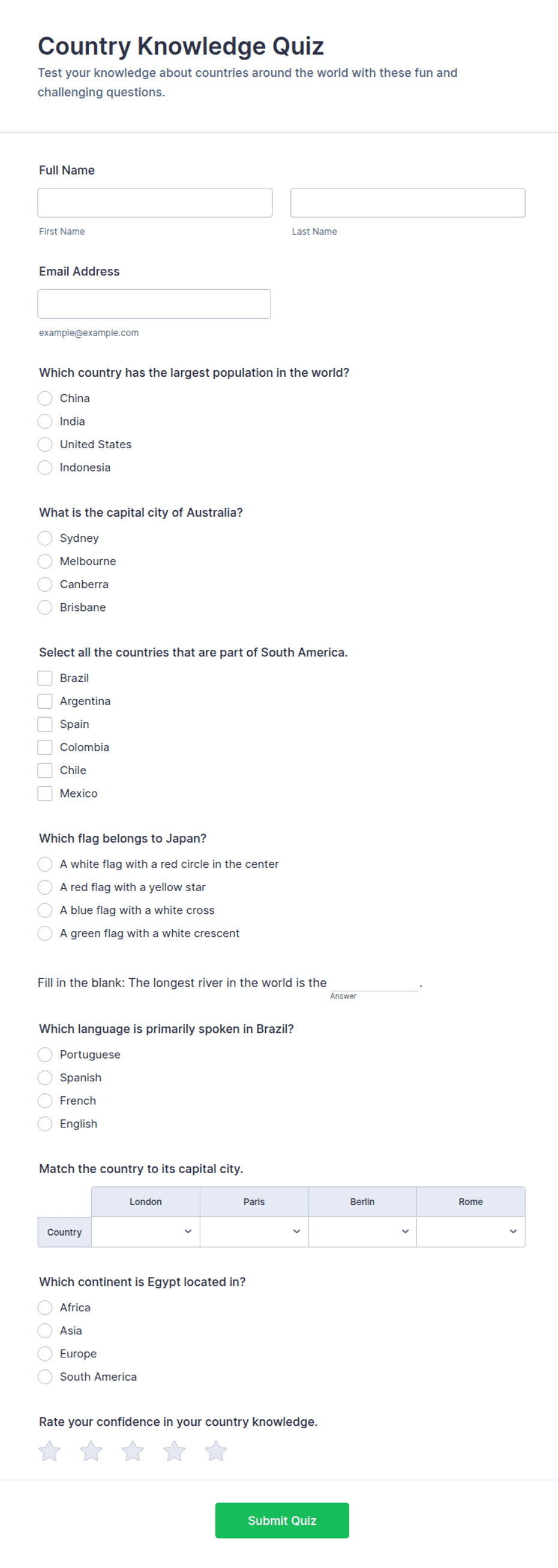 Country Knowledge Quiz Form Template | Jotform