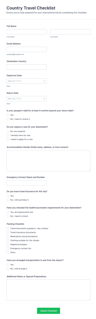 Country Travel Checklist Form Template