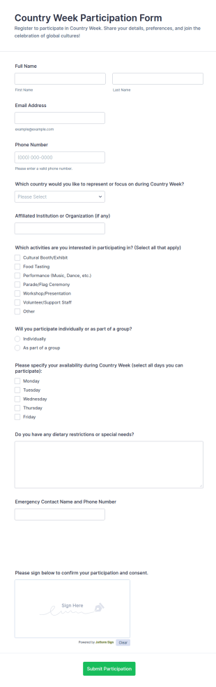 Country Week Participation Form Template
