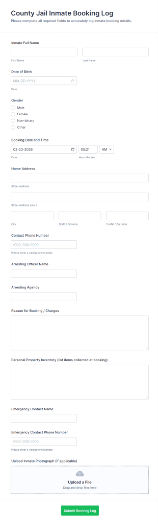 County Jail Inmate Booking Log Form Template