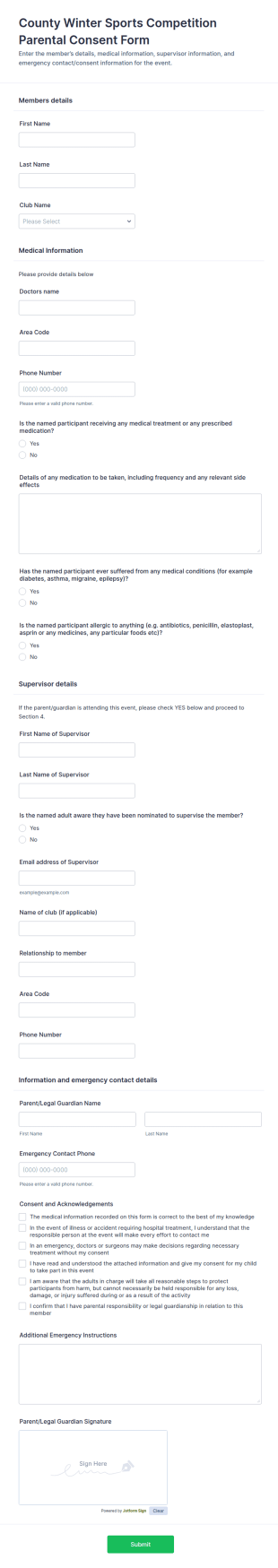County Winter Sports Competition Parental Consent Form Template