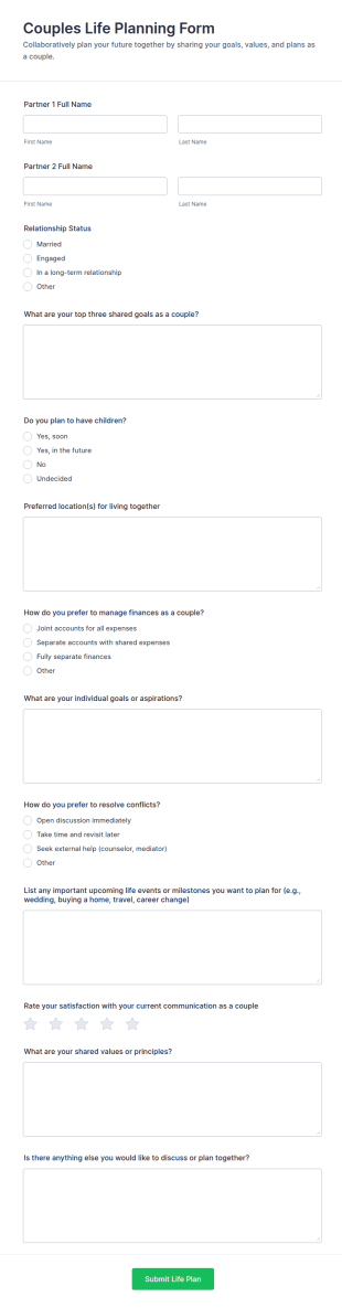 Couples Life Planning Form Template