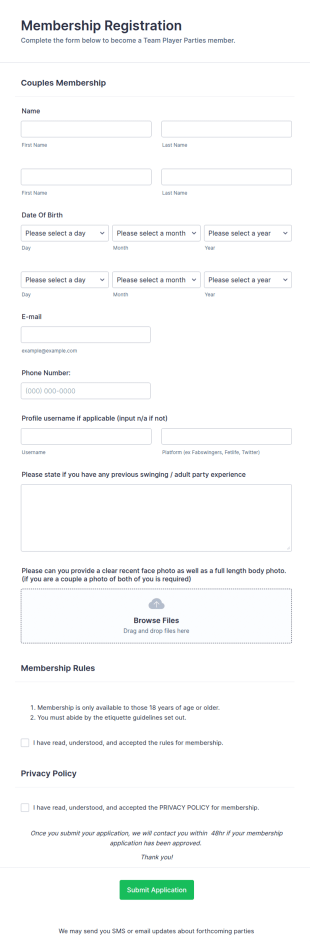 Couples Membership Registration Form Template