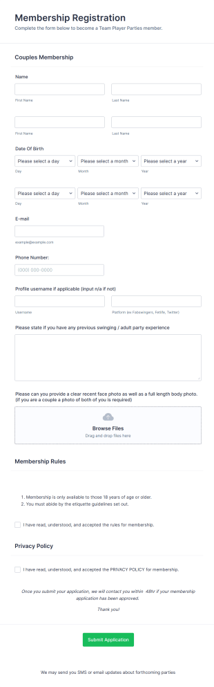 Couples Membership Registration Form Template