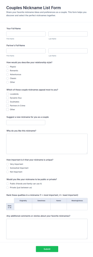 Couples Nickname List Form Template