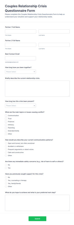 Couples Relationship Crisis Questionnaire Form Template