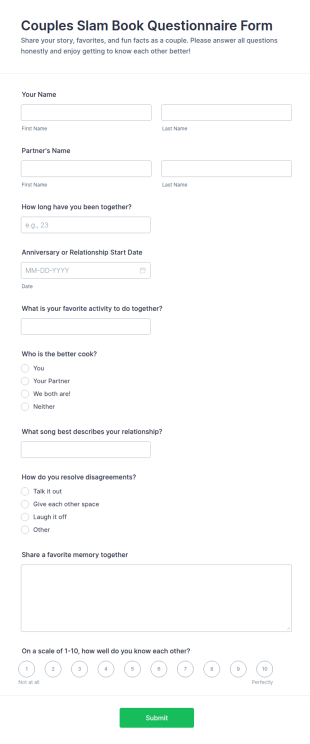 Couples Slam Book Questionnaire Form Template