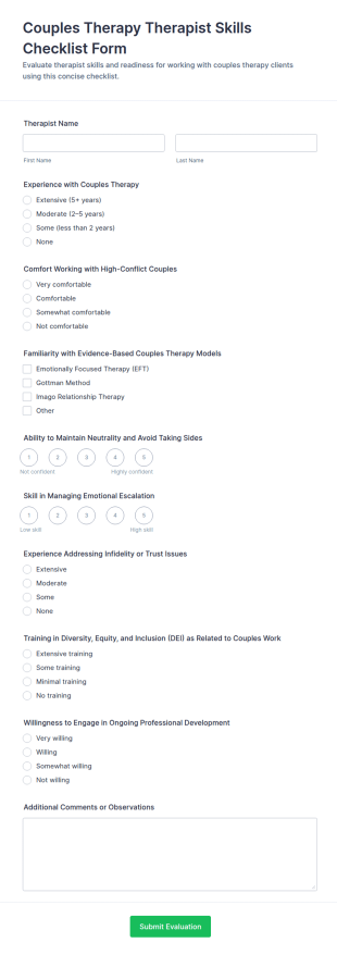 Couples Therapy Therapist Skills Checklist Form Template