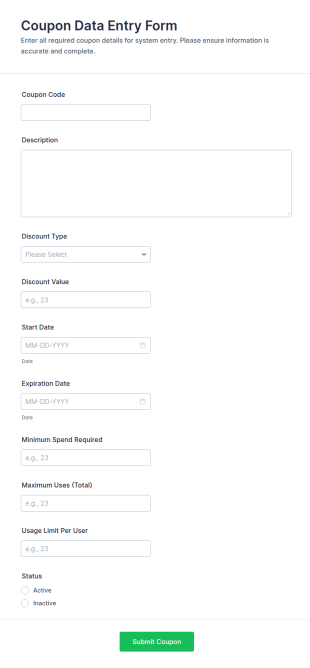 Coupon Data Entry Form Template