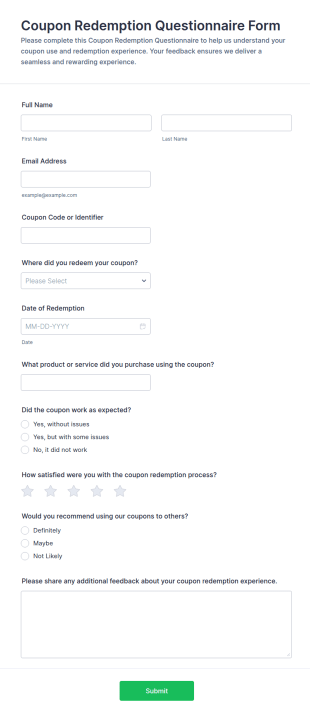 Coupon Redemption Questionnaire Form Template