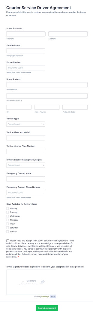 Courier Service Driver Agreement Form Template