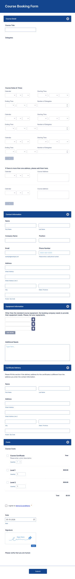 Course Booking Form Template