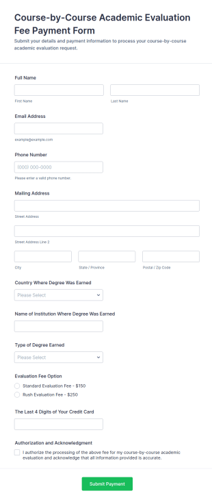 Course By Course Academic Evaluation Fee Payment Form Template