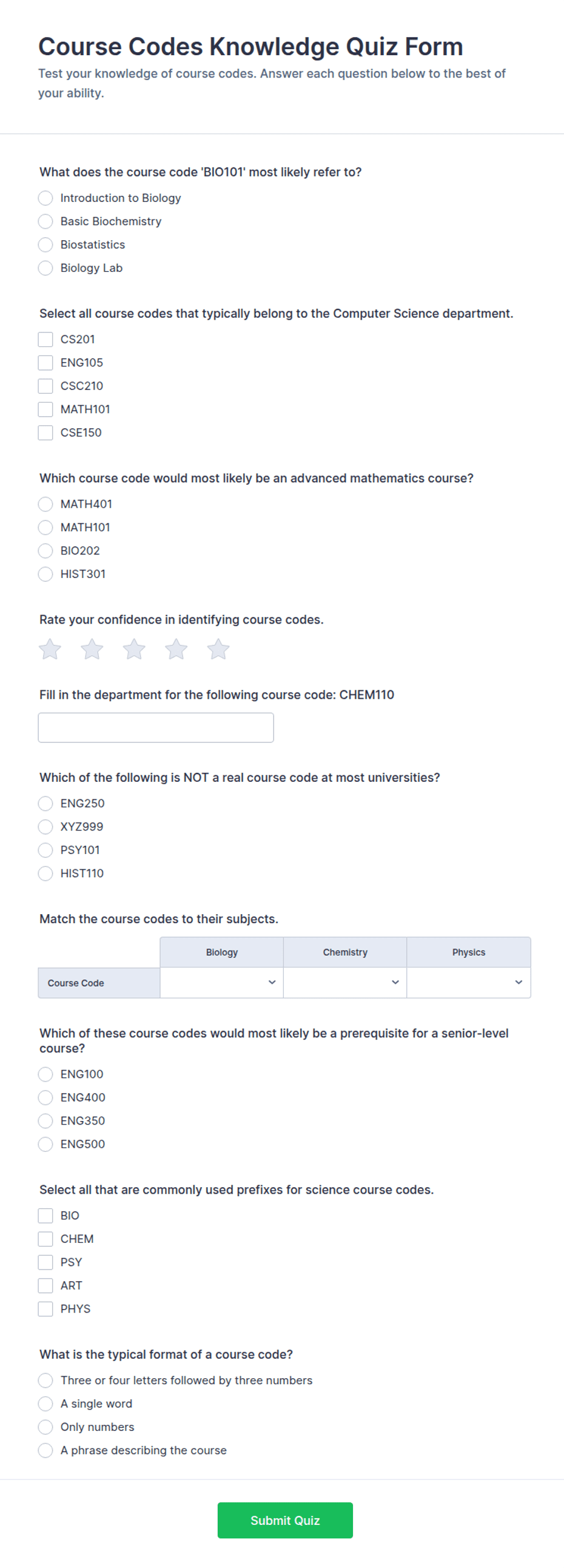 Course Codes Knowledge Quiz Form Template | Jotform