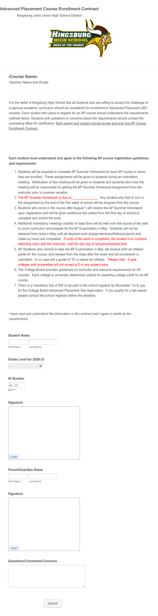 Course Enrollment Contract Form Template