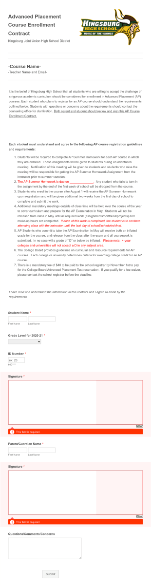 Course Enrollment Contract Form Template