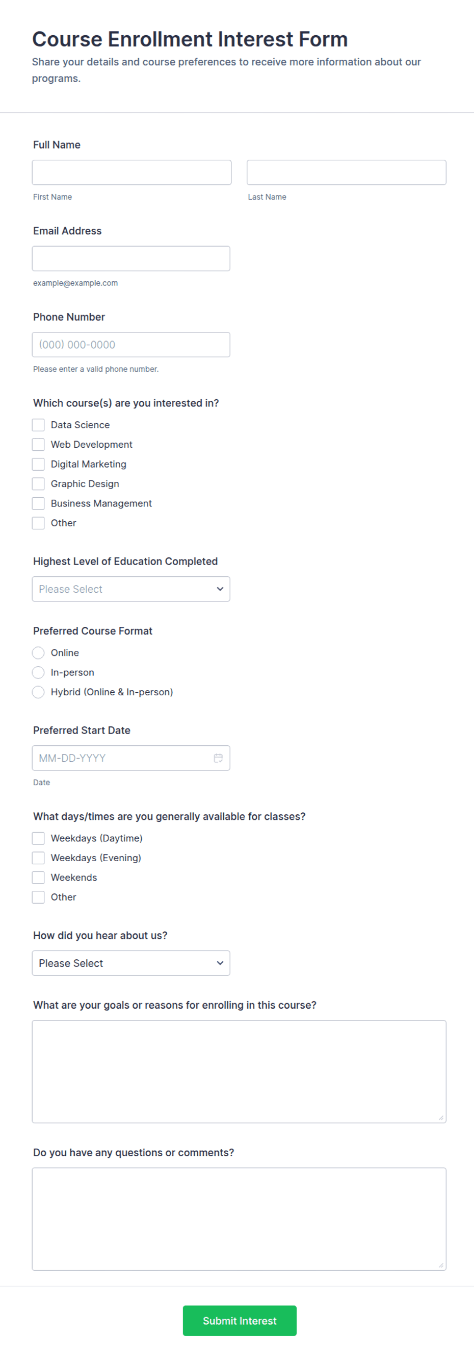 Course Enrollment Interest Form Template | Jotform