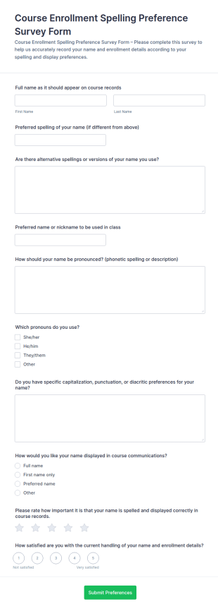 Course Enrollment Spelling Preference Survey Form Template