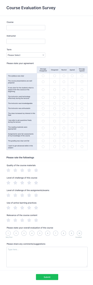 Course Evaluation Survey Form Template