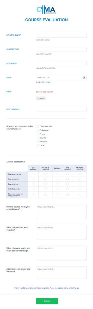 Course Evaluation Form Template