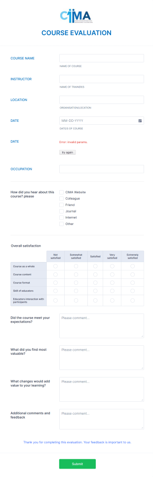 Course Evaluation Form Template