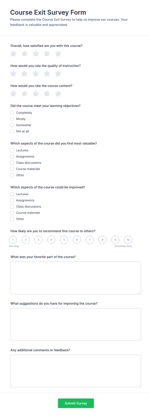 Course Exit Survey Form Template