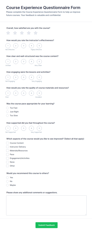 Course Experience Questionnaire Form Template