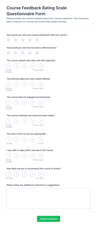 Course Feedback Rating Scale Questionnaire Form Template