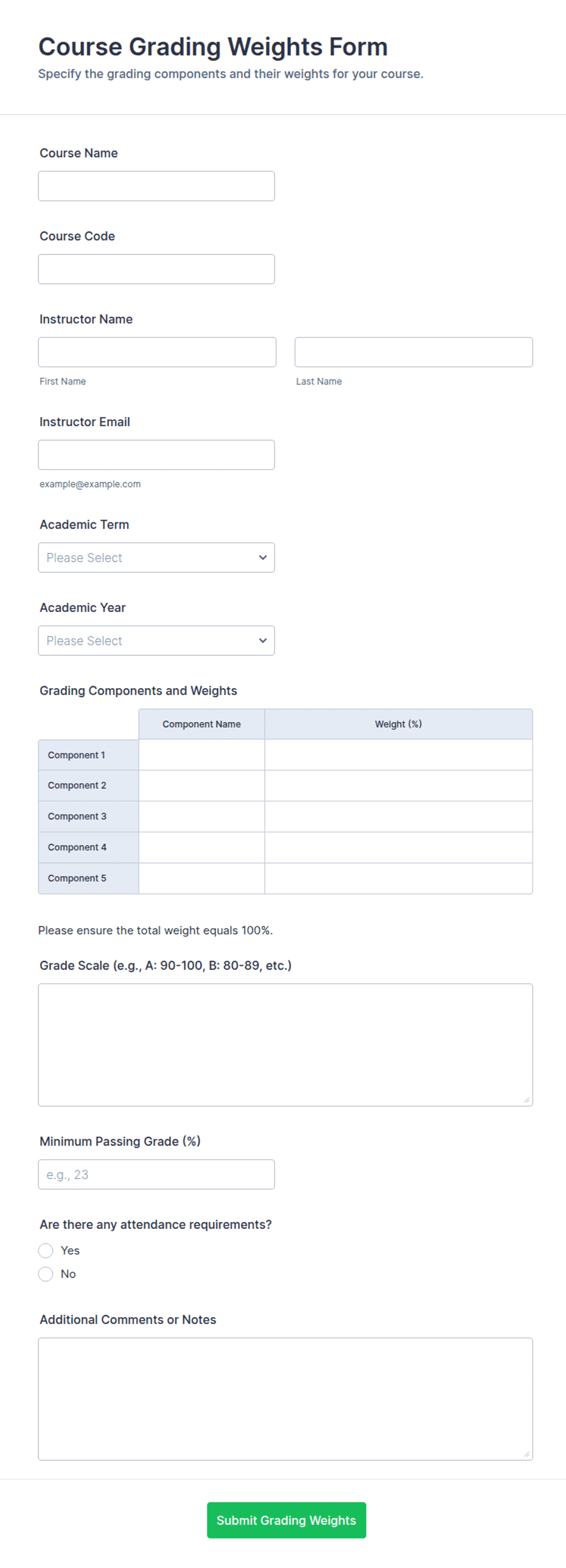 Course Grading Weights Form Template | Jotform
