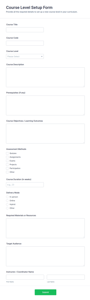 Course Level Setup Form Template
