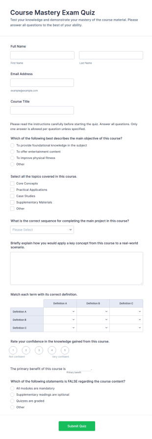 Course Mastery Exam Quiz Form Template