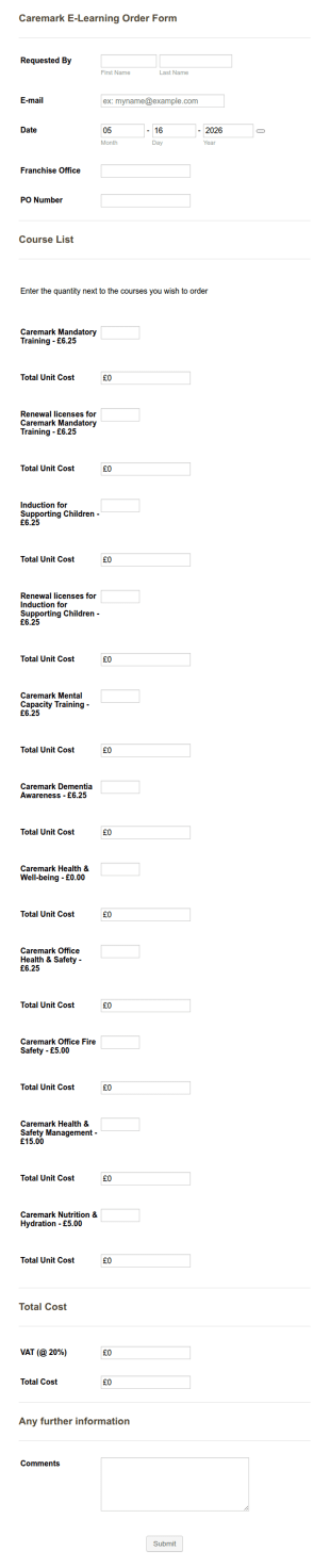 E Learning Course Order Form Template