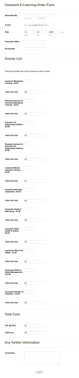 E Learning Course Order Form Template