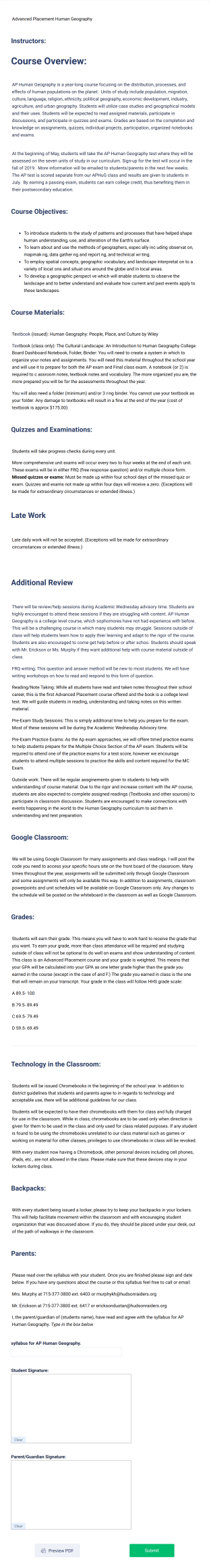 Course Overview Acknowledgement Form Template