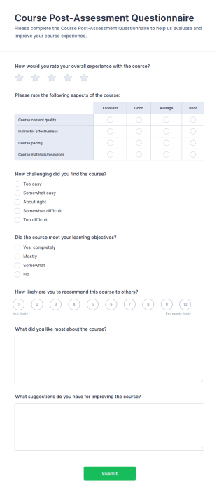 Course Post Assessment Questionnaire Form Template