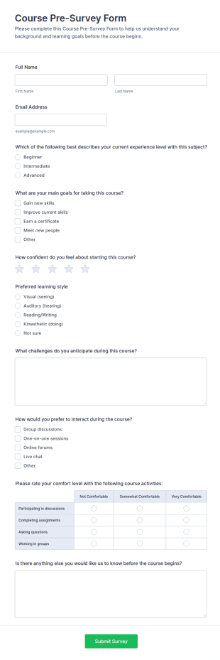 Course Pre Survey Form Template