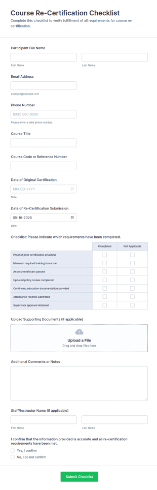 Course Re Certification Checklist Form Template